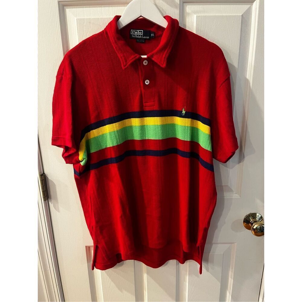 Vintage Polo Ralph Lauren Red Striped Waffle Knit Polo Shirt sz XL EUC 1980’s